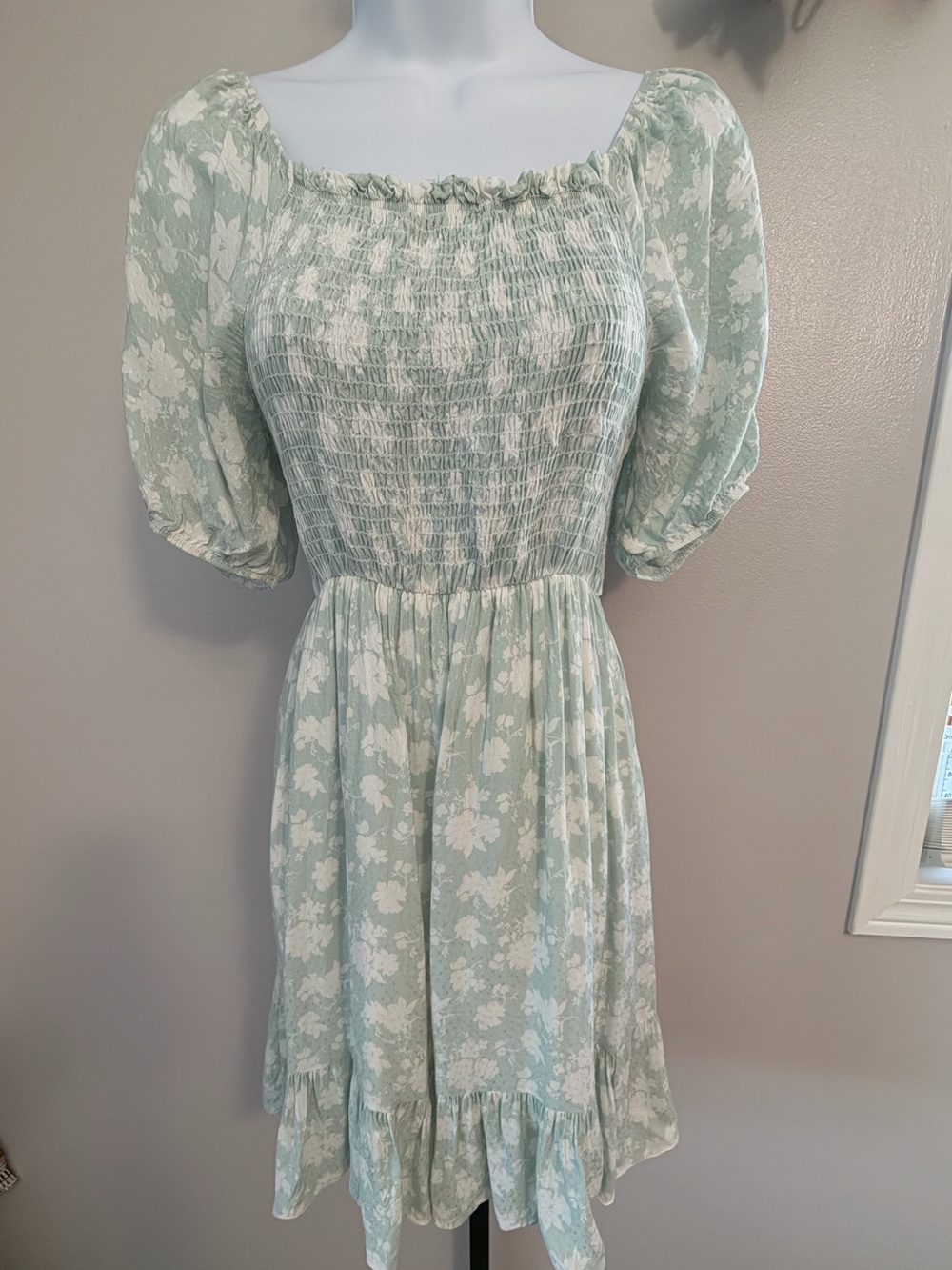 LTX Sportswear Sage Floral Smocked Puff-Sleeve Mini Dress